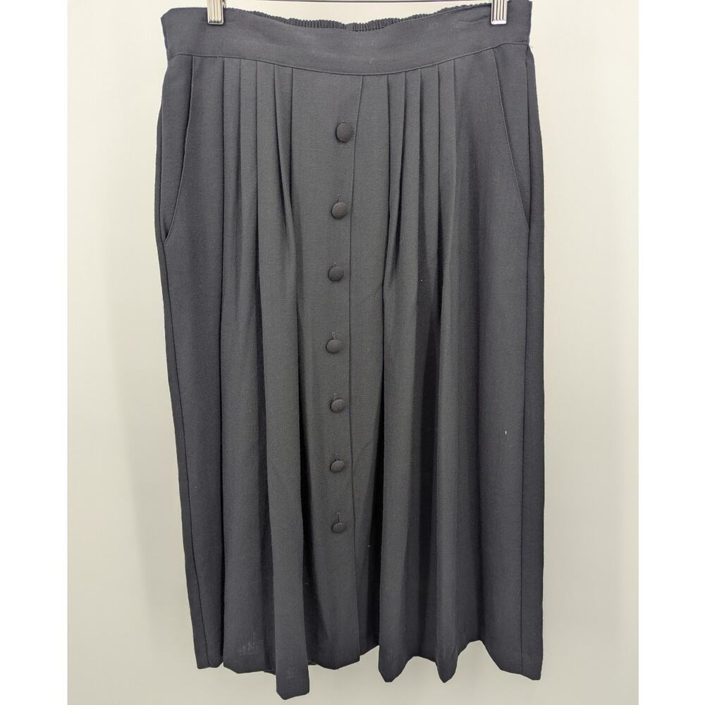 VTG JARA Black Pleated Button Front Midi Skirt Elastic Waist Size 16 USA Made